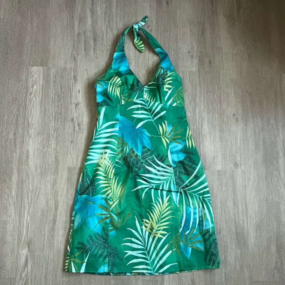 Jones New York Tropical Leaf Palm Green Halter Cotton Dress 4